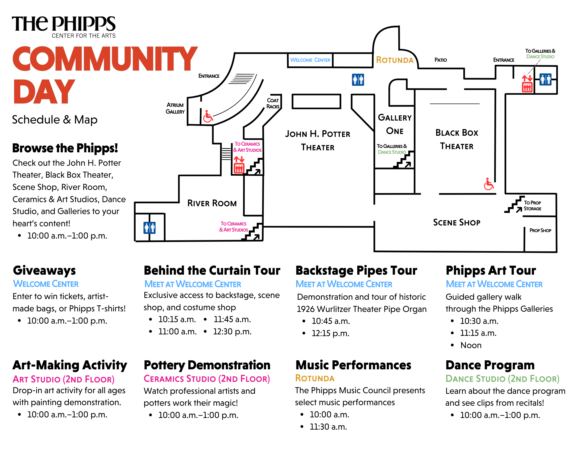 Map of the Phipps building with nine Community Day events listed and color-coded by type (art, music, dance, theater).