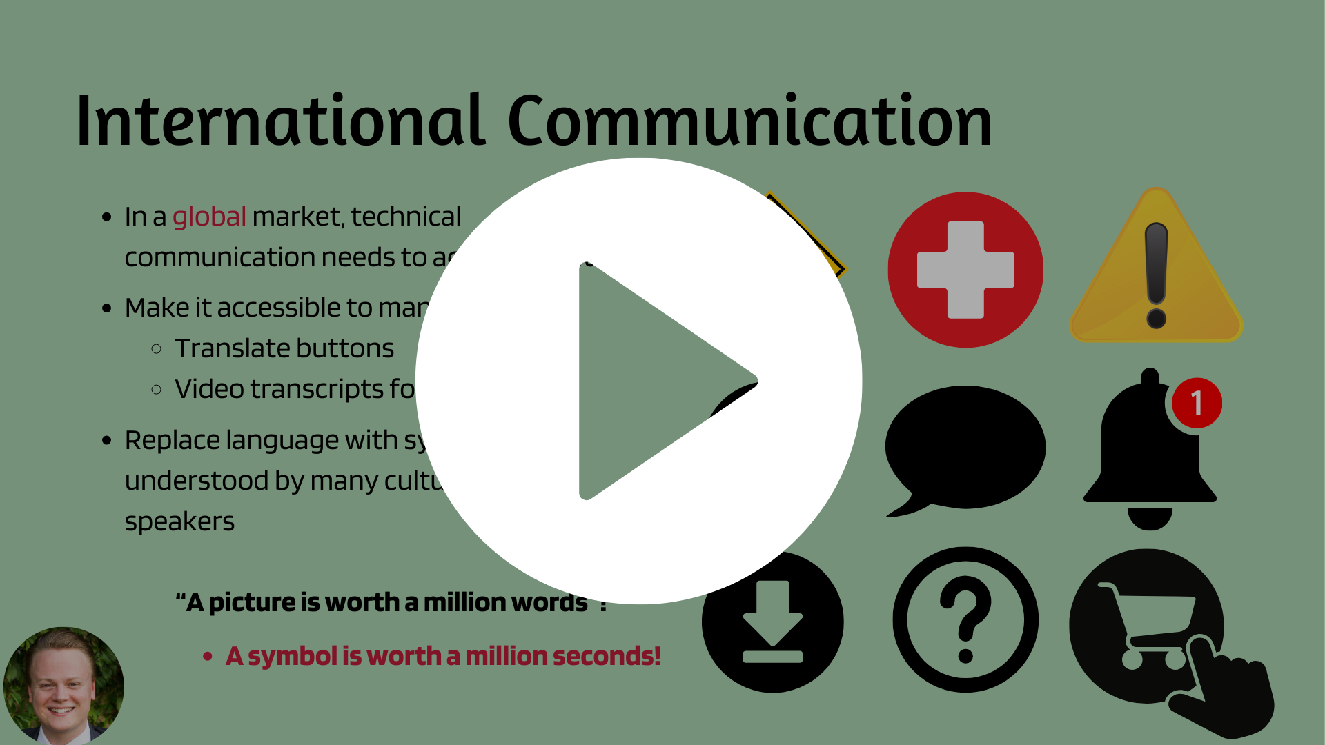 Slide with a video play button on it. Titled "International Communication" with a list of icons.