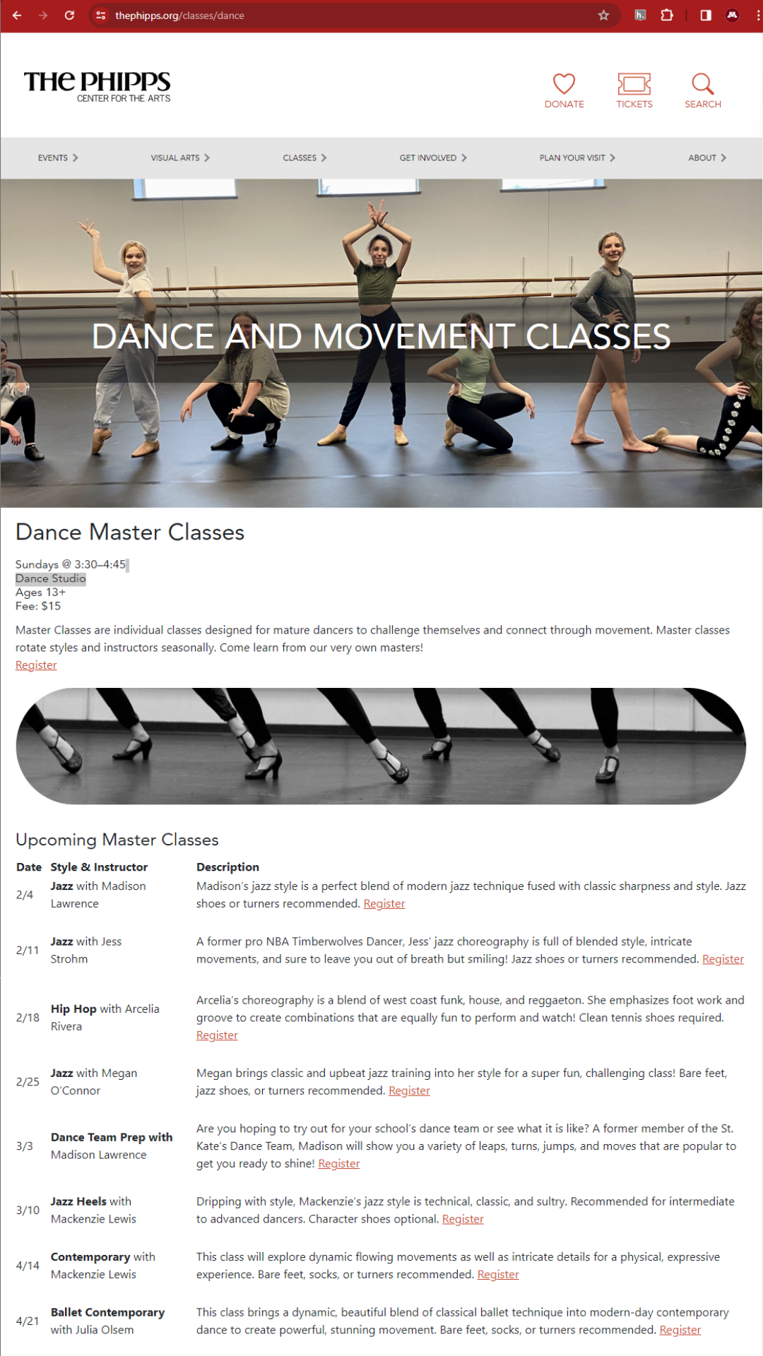 A webpage with dance photos and three columns of information