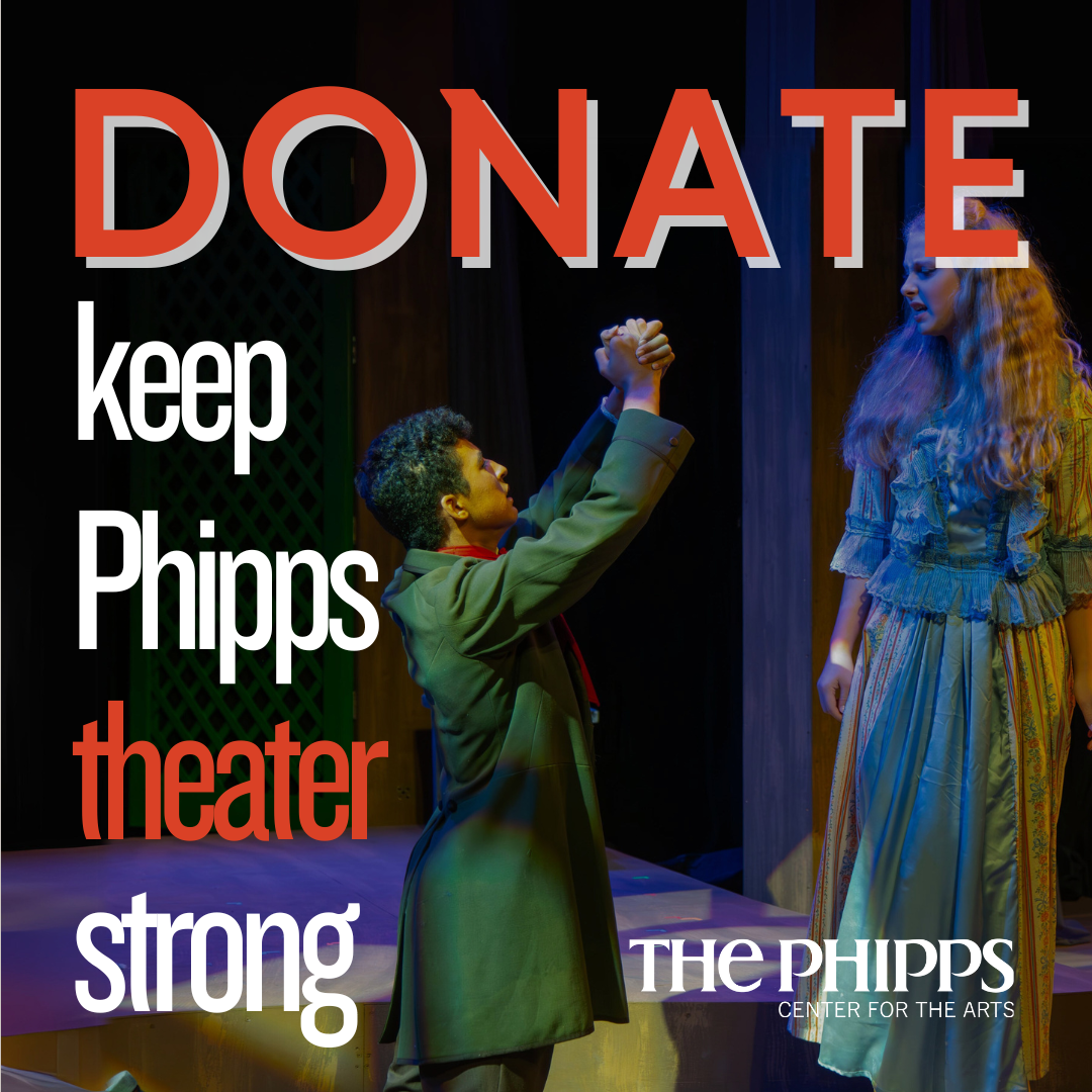 Teen actor in a begging pose with "DONATE keep Phipps theater strong" on it.