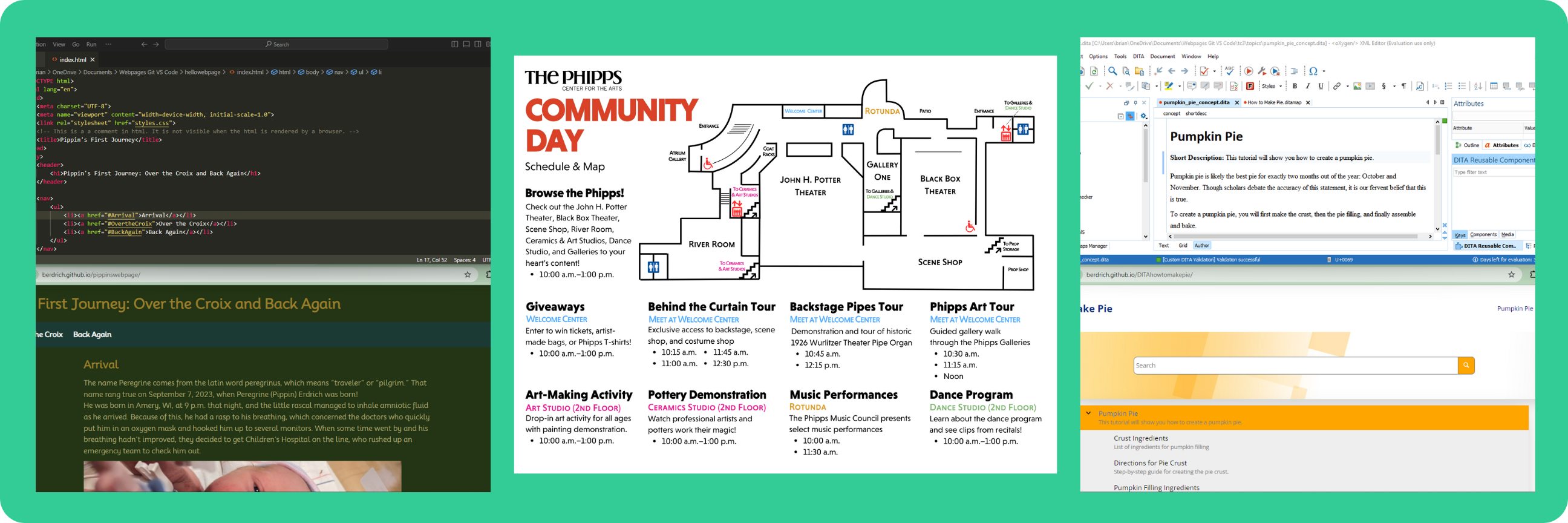 A preview of technical writing projects I've done, including webpages, Visual Studio Code editor, oXygen editor, and a community day map and schedule document.