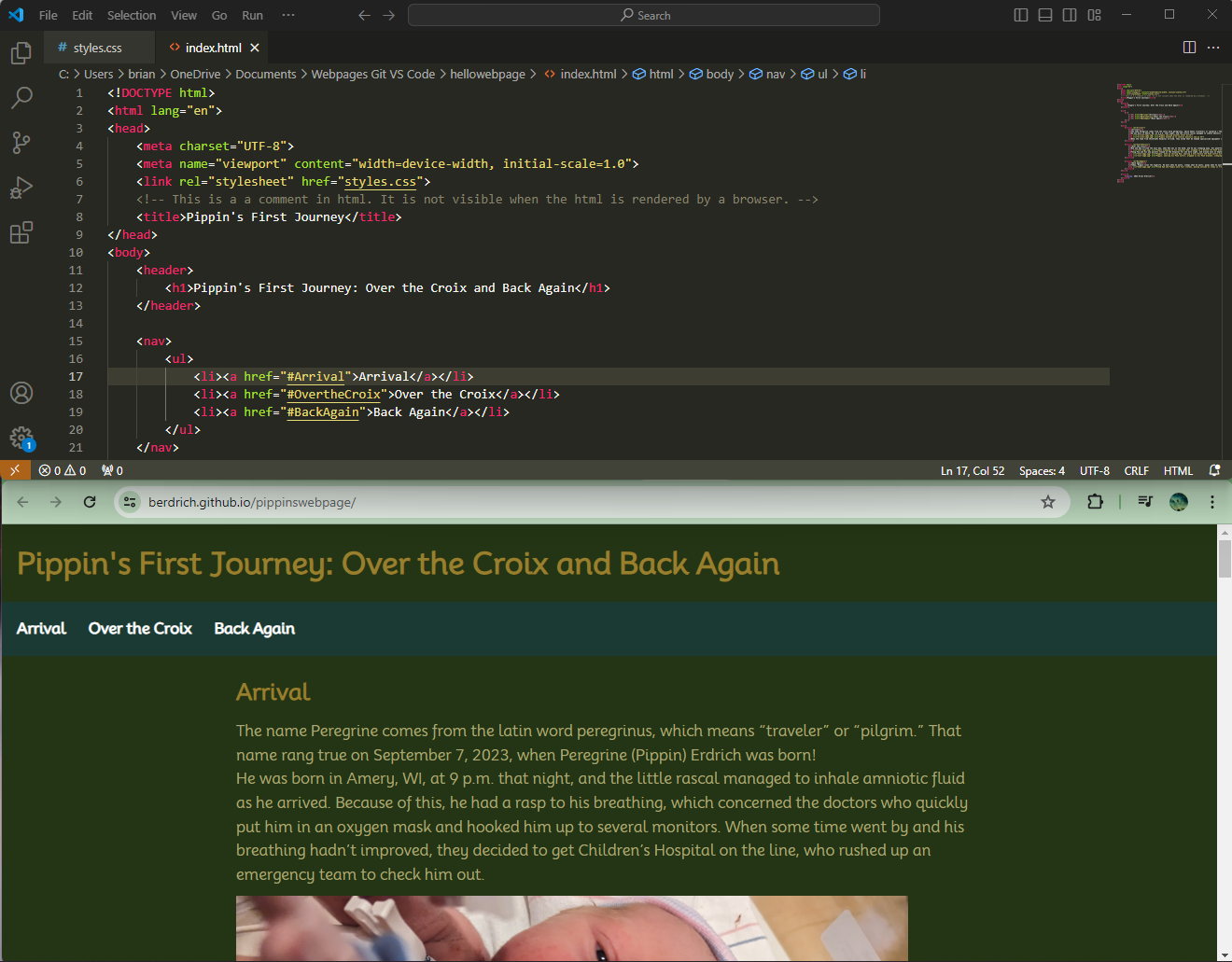 Pippin's First Journey Website alongside Visual Studio Code editor file.